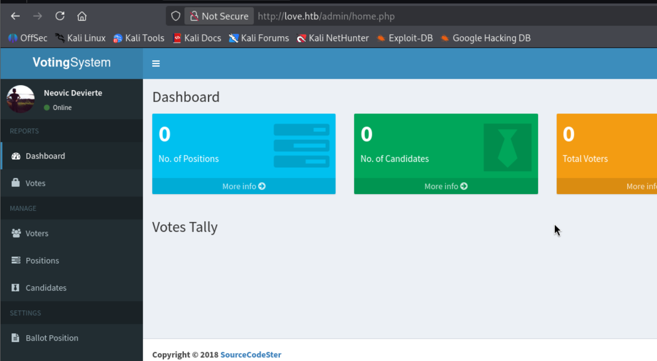 Dashboard del Voting System